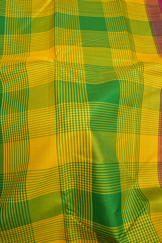 Yellow And Green Checked Kanchipuram Silk Saree