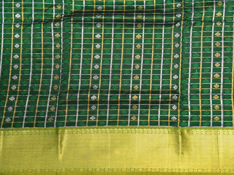 Zari Big Border With Checks And Thread Work Buttis Forest Green Kanchipuram Silk Unstitched Pavadai Sattai Material