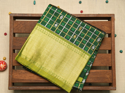 Zari Big Border With Checks And Thread Work Buttis Forest Green Kanchipuram Silk Unstitched Pavadai Sattai Material