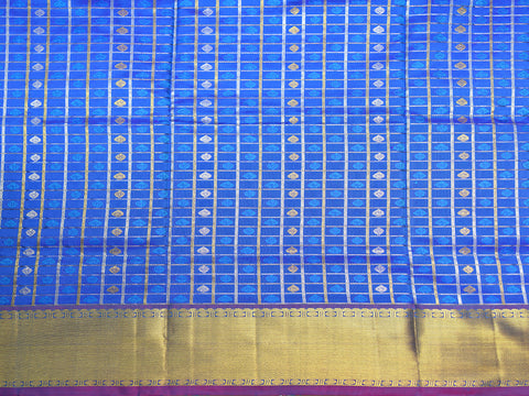 Zari Big Border With Checks And Thread Work Buttis Royal Blue Kanchipuram Silk Unstitched Pavadai Sattai Material