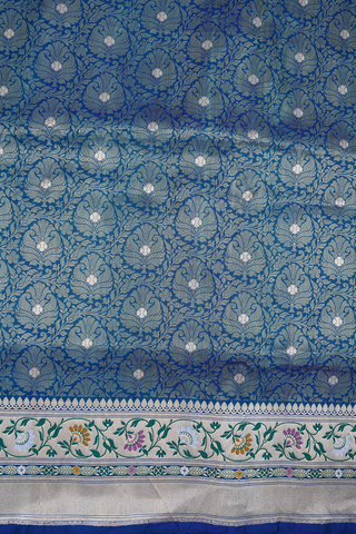 Zari Border In Brocade Peacock Blue Banarasi Silk Saree