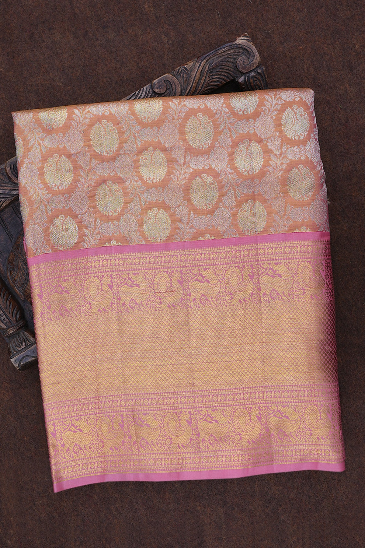 Zari Border Brocade Rose Gold Tissue Kanchipuram Silk Saree
