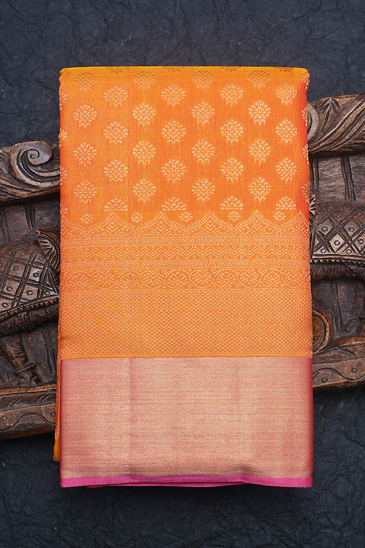 Floral Zari Buttas Honey Orange Kanchipuram Silk Saree