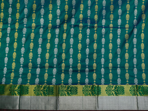 Silver And Gold Zari Floral Motifs With Dual Shade Silk Pavadai Sattai Material