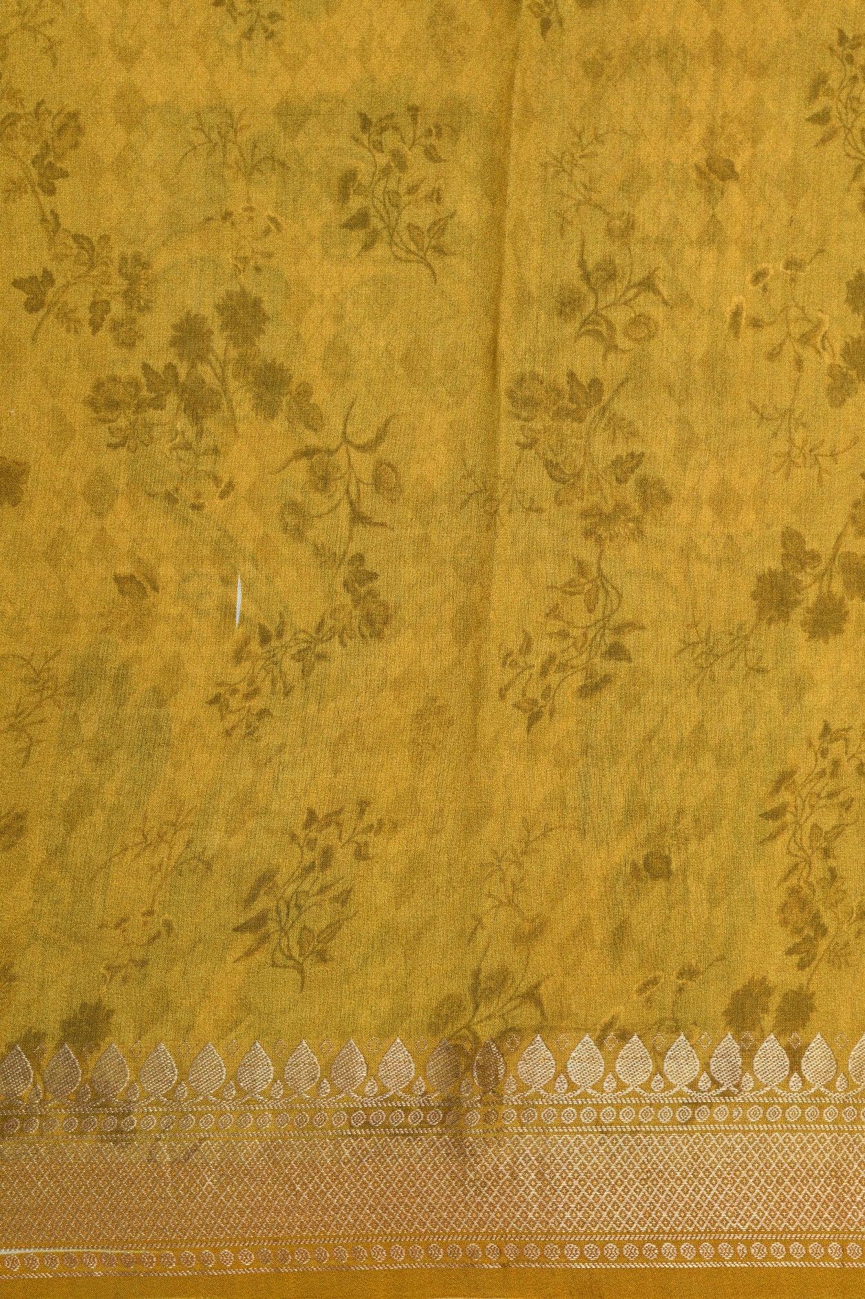 Zari Border In Botanical Digital Printed Mustard Yellow Organza Silk Saree