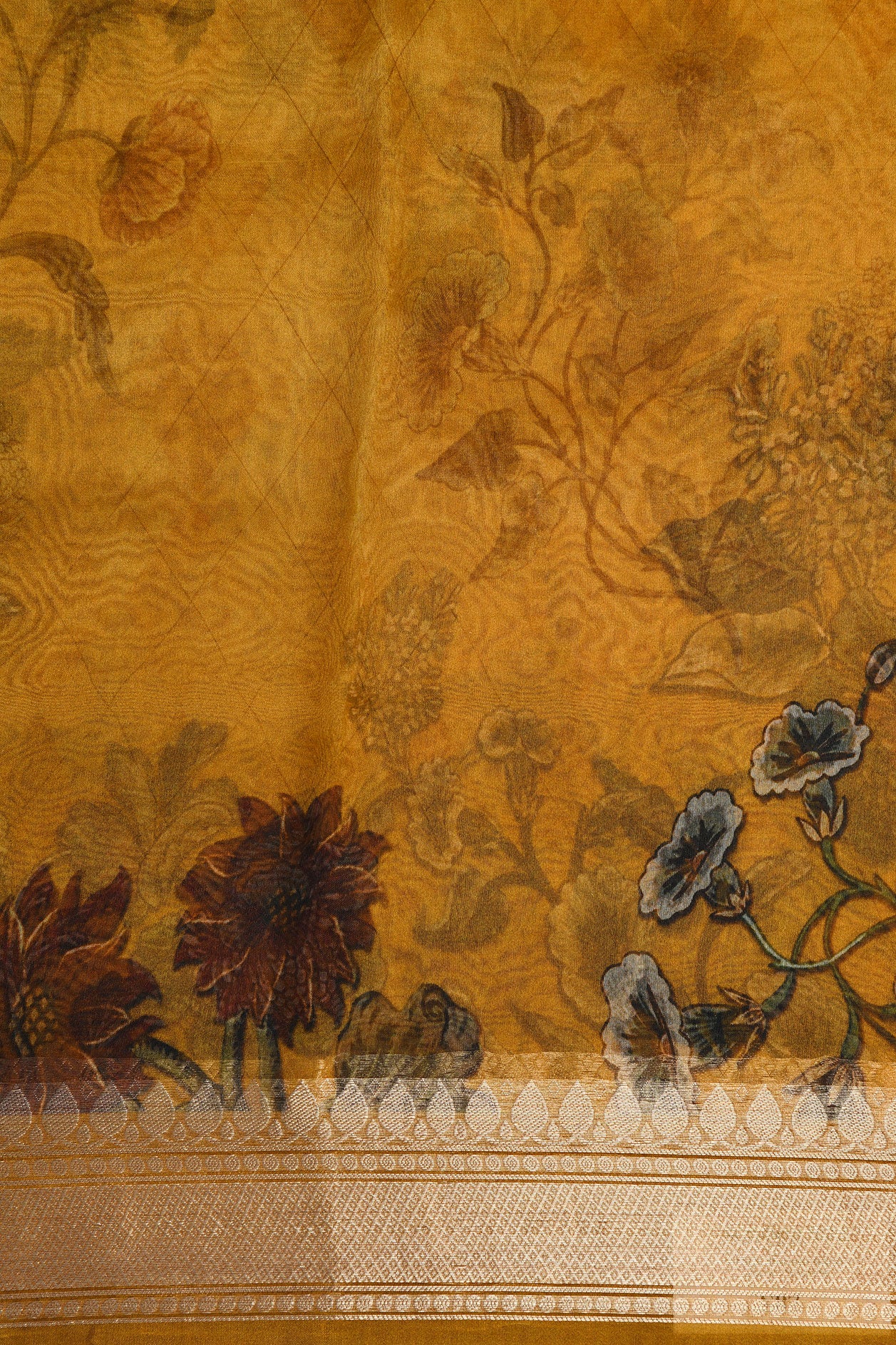 Zari Border In Botanical Digital Printed Mustard Yellow Organza Silk Saree