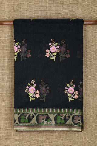 Zari Border In Embroidered Floral Butta Black Semi Kota Saree