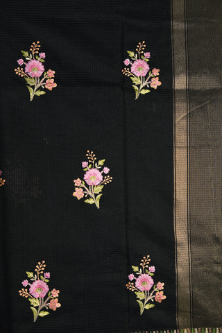 Zari Border In Embroidered Floral Butta Black Semi Kota Saree