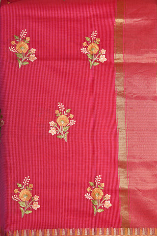 Zari Border In Embroidered Floral Butta Magenta Pink Semi Kota Saree