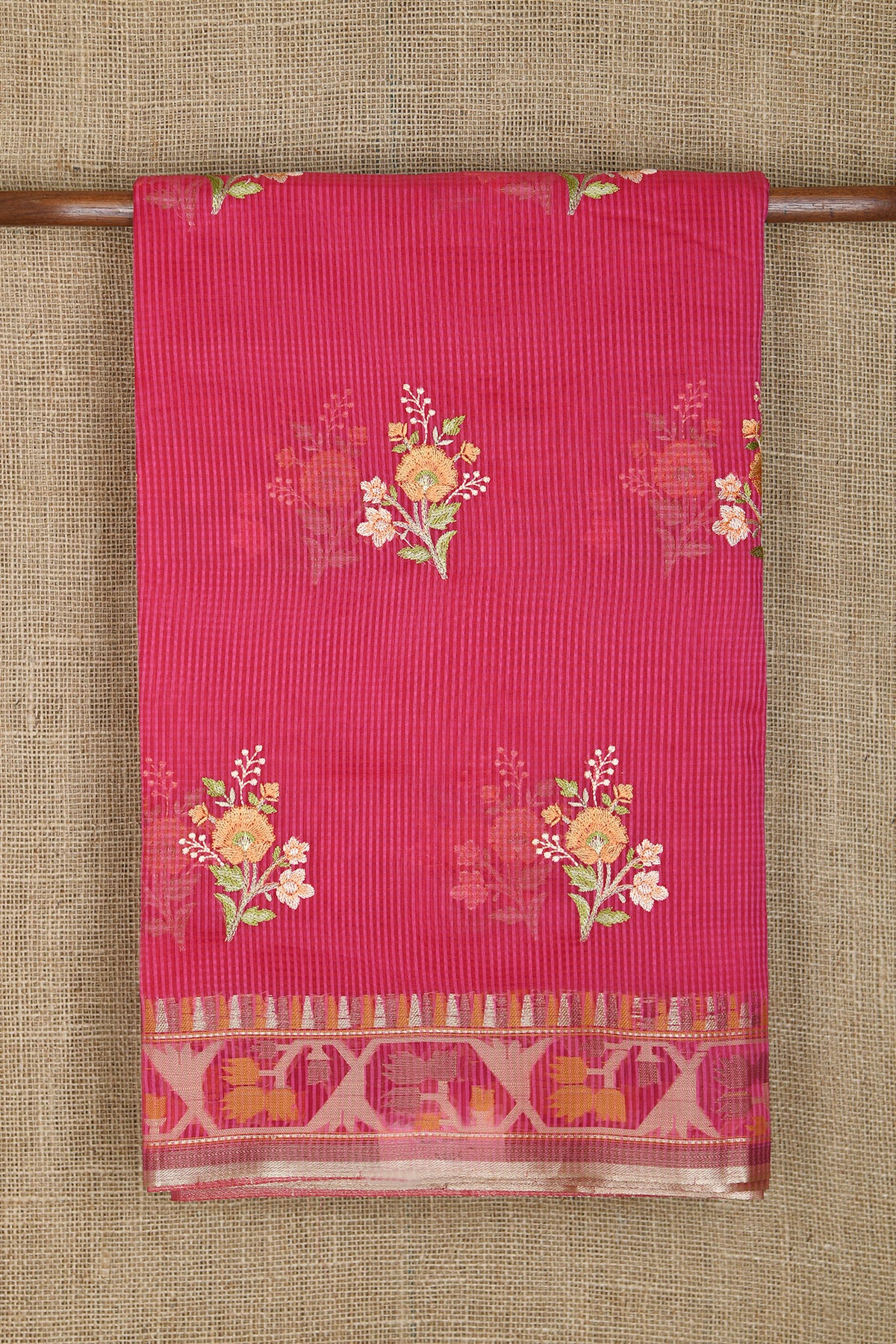 Zari Border In Embroidered Floral Butta Magenta Pink Semi Kota Saree