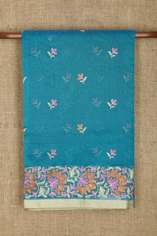 Zari Border In Embroidered Floral Design Teal Blue Semi Kota Saree