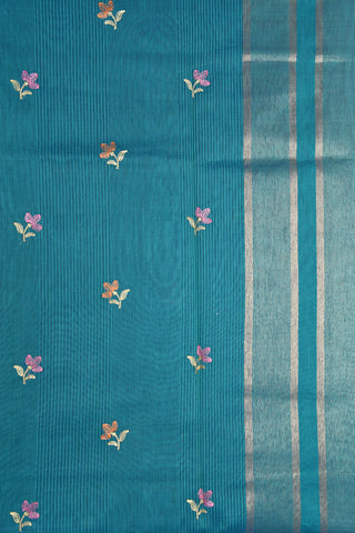 Zari Border In Embroidered Floral Design Teal Blue Semi Kota Saree