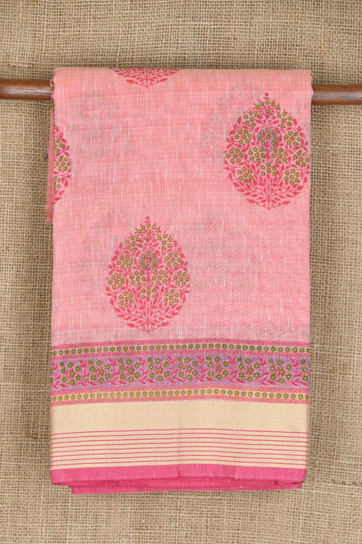 Zari Border In Floral Butta Pastel Pink Semi Kota Cotton Saree