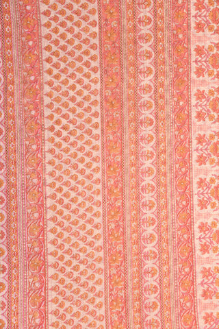 Zari Border In Floral Buttis Pastel Orange Semi Kota Cotton Saree