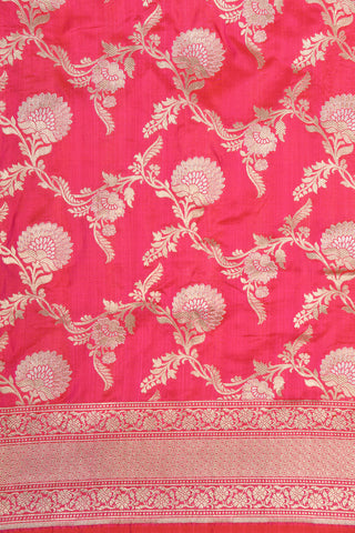 Zari Border In Floral Design Hot Pink Banaras Silk Saree