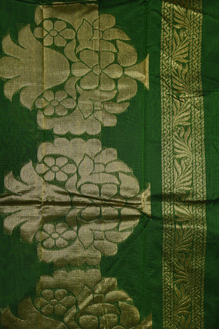 Zari Border In Floral Motif Bottle Green Semi Kora Silk Cotton Saree