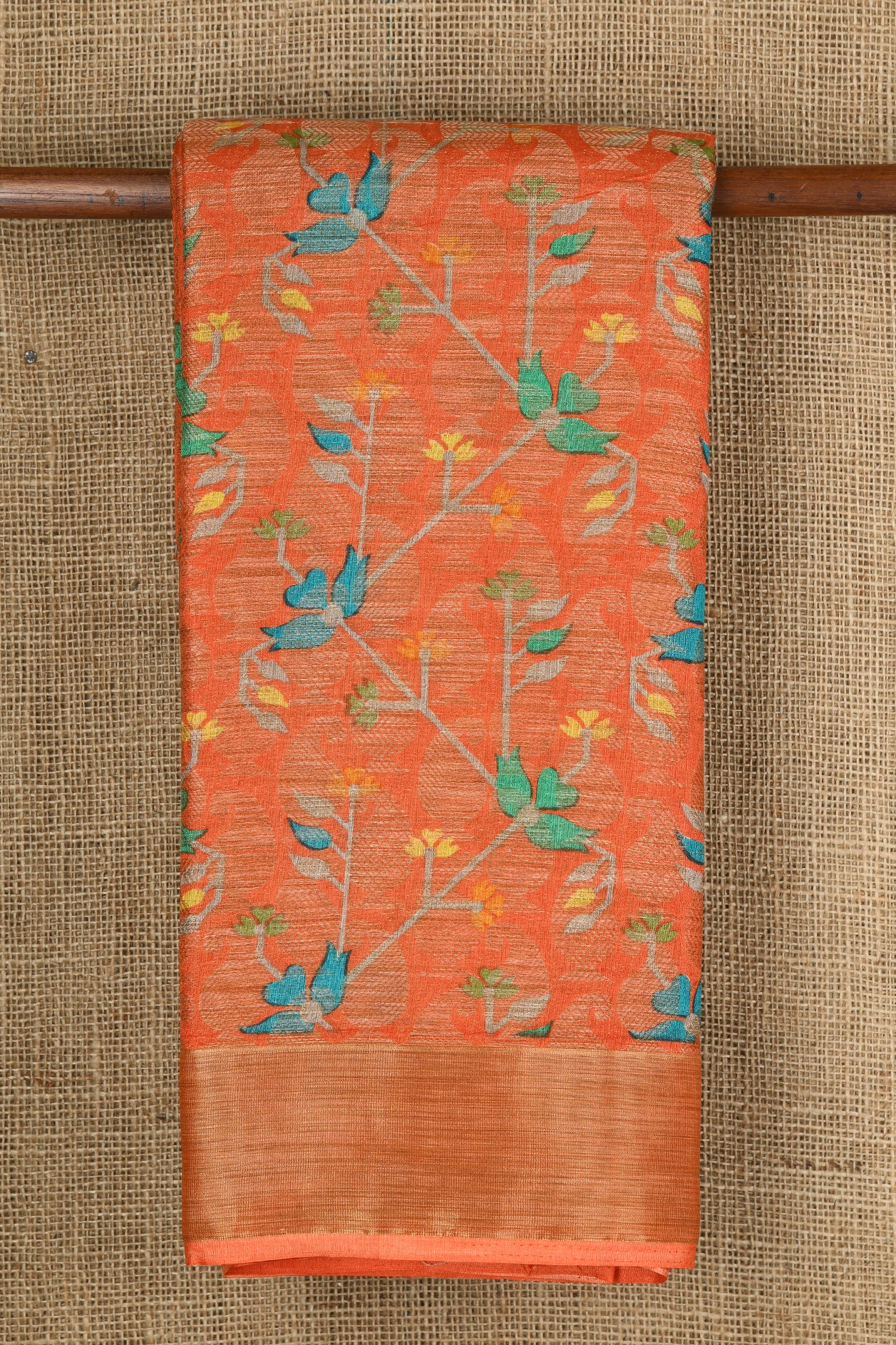 Zari Border In Floral Printed Bright Orange Semi Tussar Silk Saree