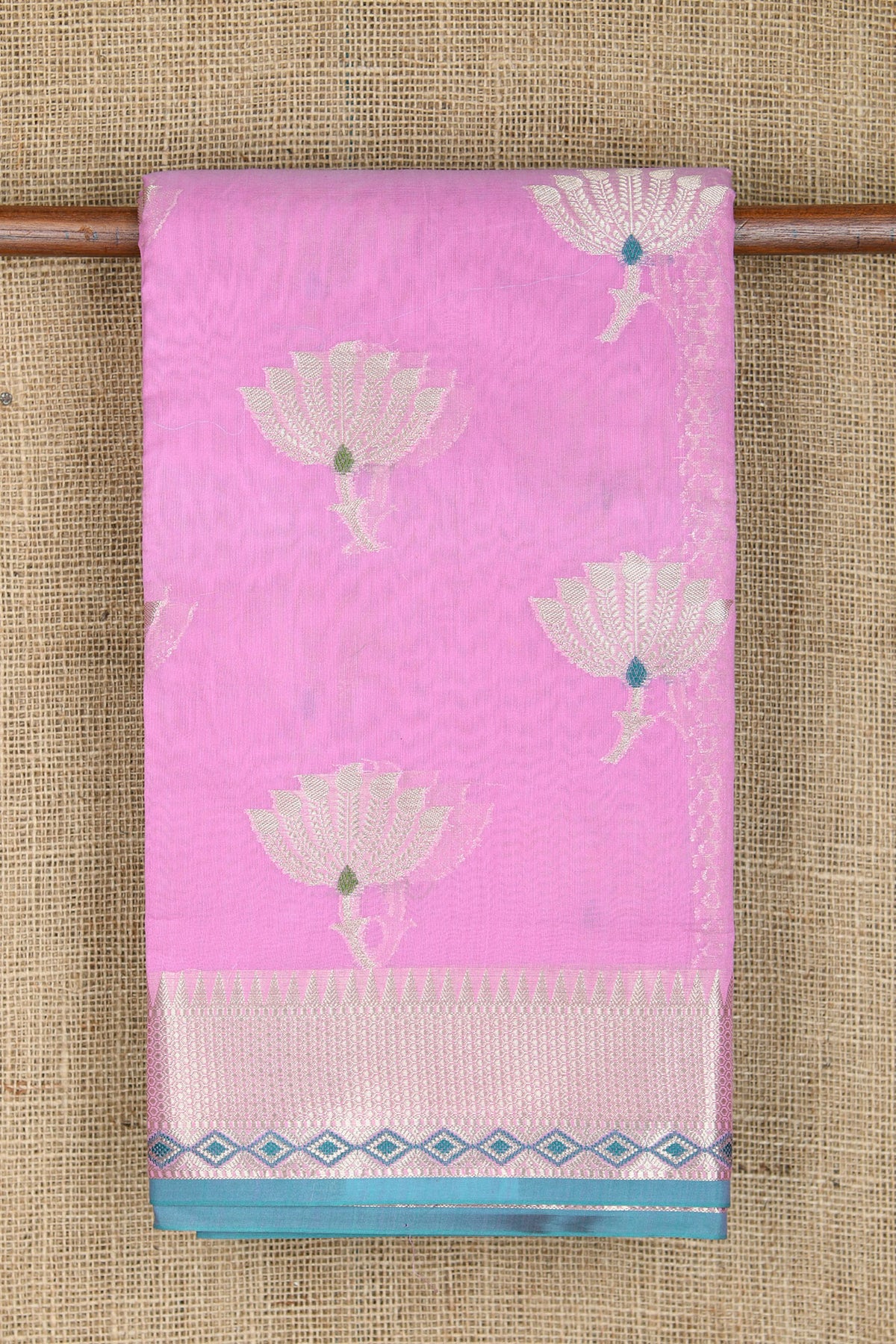 Zari Border In Meenakari Work Floral Butta Rose Pink Semi Banaras Silk Saree
