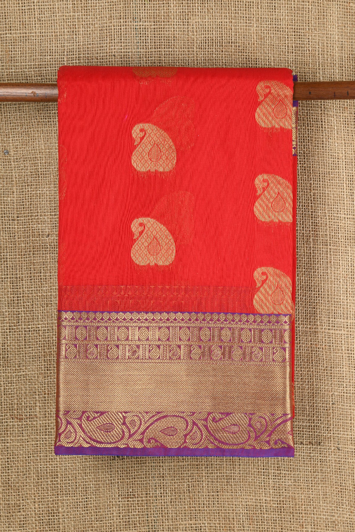 Zari Border In Paisley Butta Crimson Red Semi Kora Silk Cotton Saree