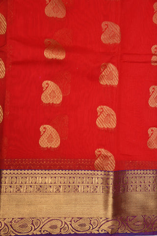 Zari Border In Paisley Butta Crimson Red Semi Kora Silk Cotton Saree