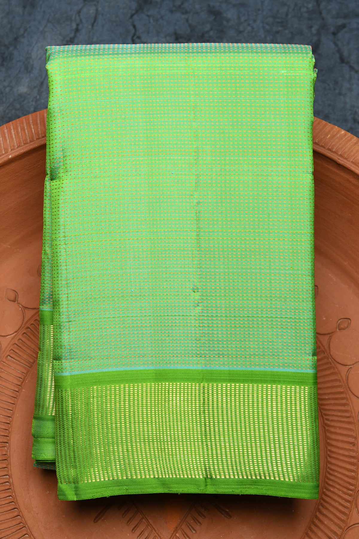 Zari Border In Thread Work Stripes Mint Green Kanchipuram Silk Saree