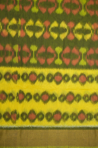 Zari Border Lemon Yellow And Fern Green Pochampally Kora Silk Cotton Saree