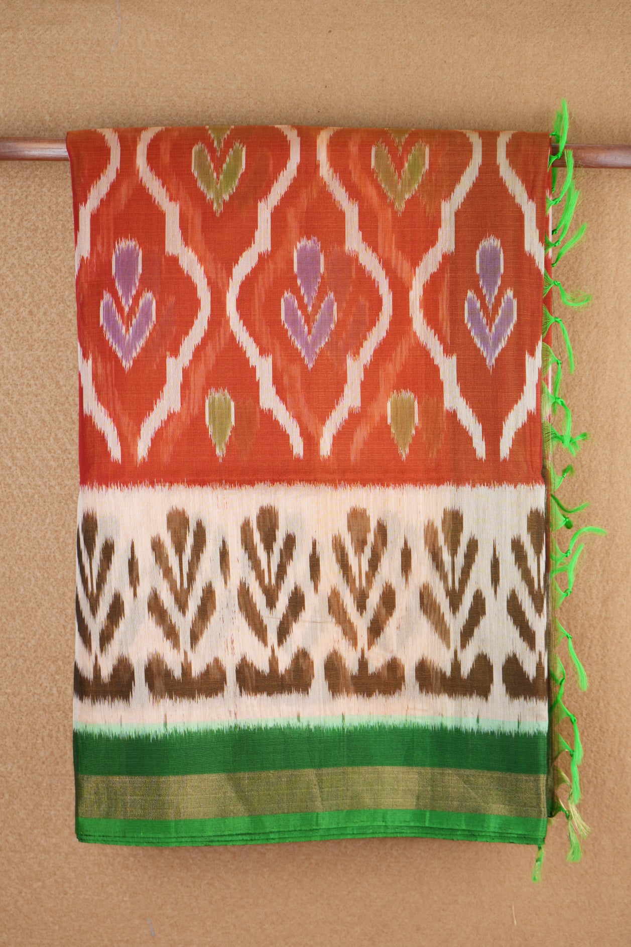 Pochampally Design Bright Orange Kora Silk Cotton Saree