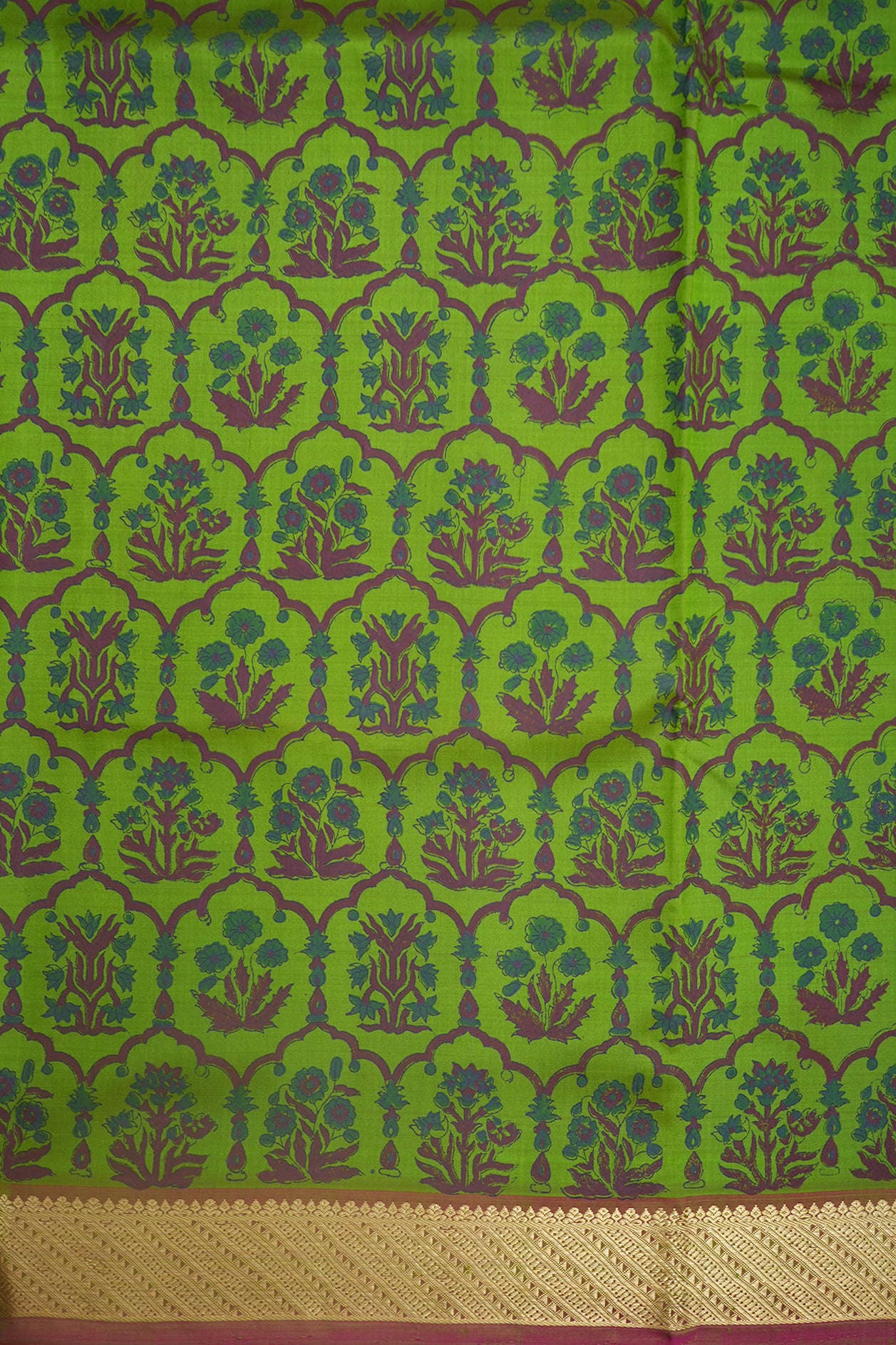 Zari Border With Allover Floral Printed Fern Green Kanchipuram Silk Saree