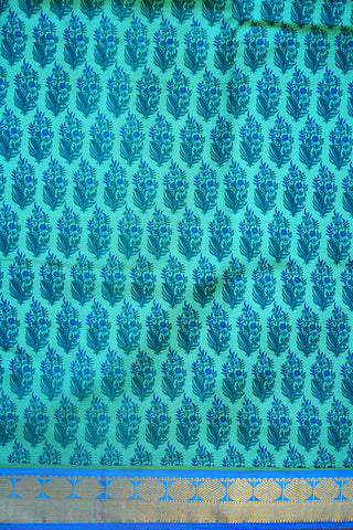 Zari Border With Allover Floral Printed Turkish Blue Kanchipuram Silk Saree