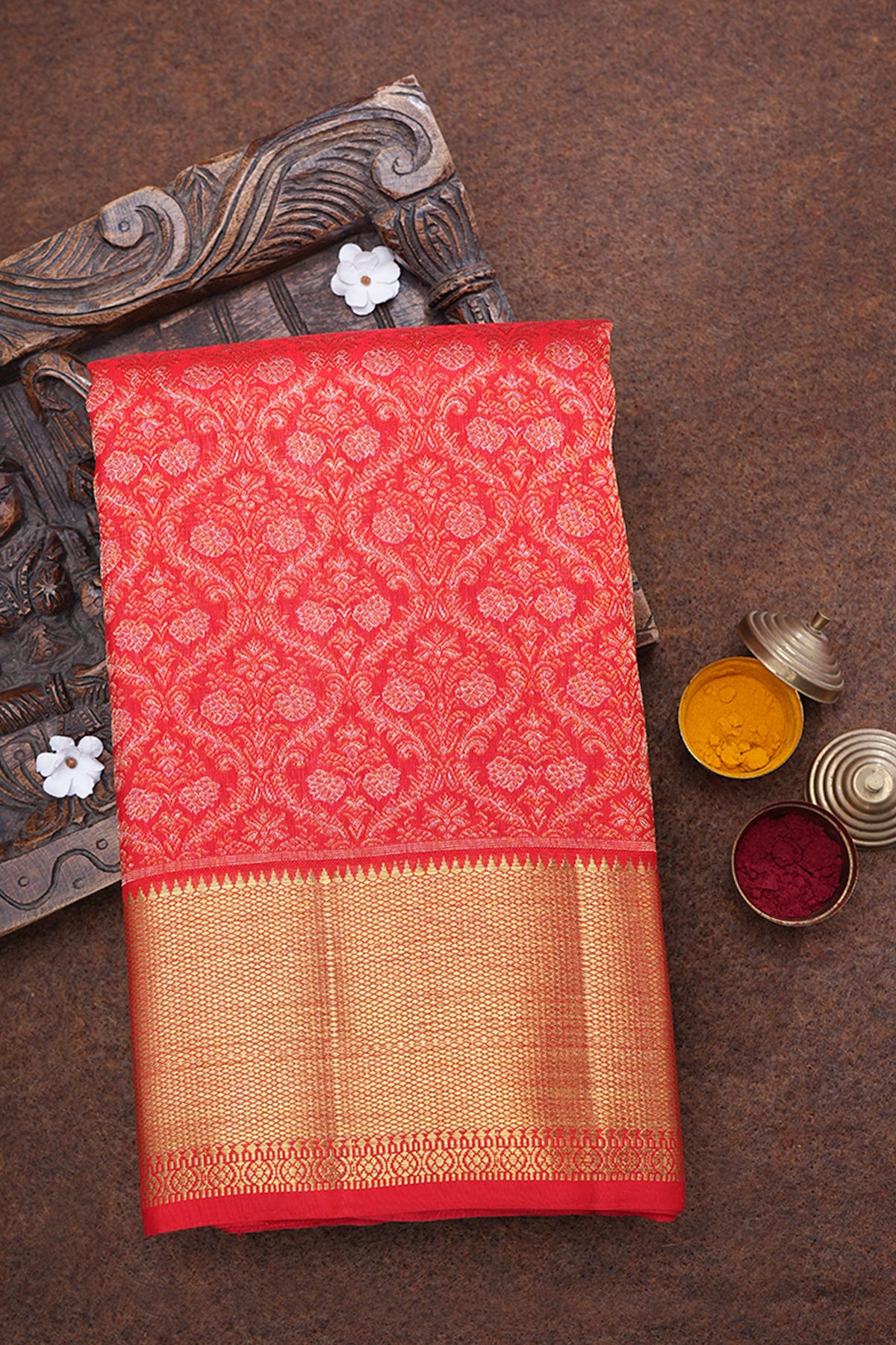 Zari Border With Allover Ogee Floral Design Chilli Red Kanchipuram Silk Saree