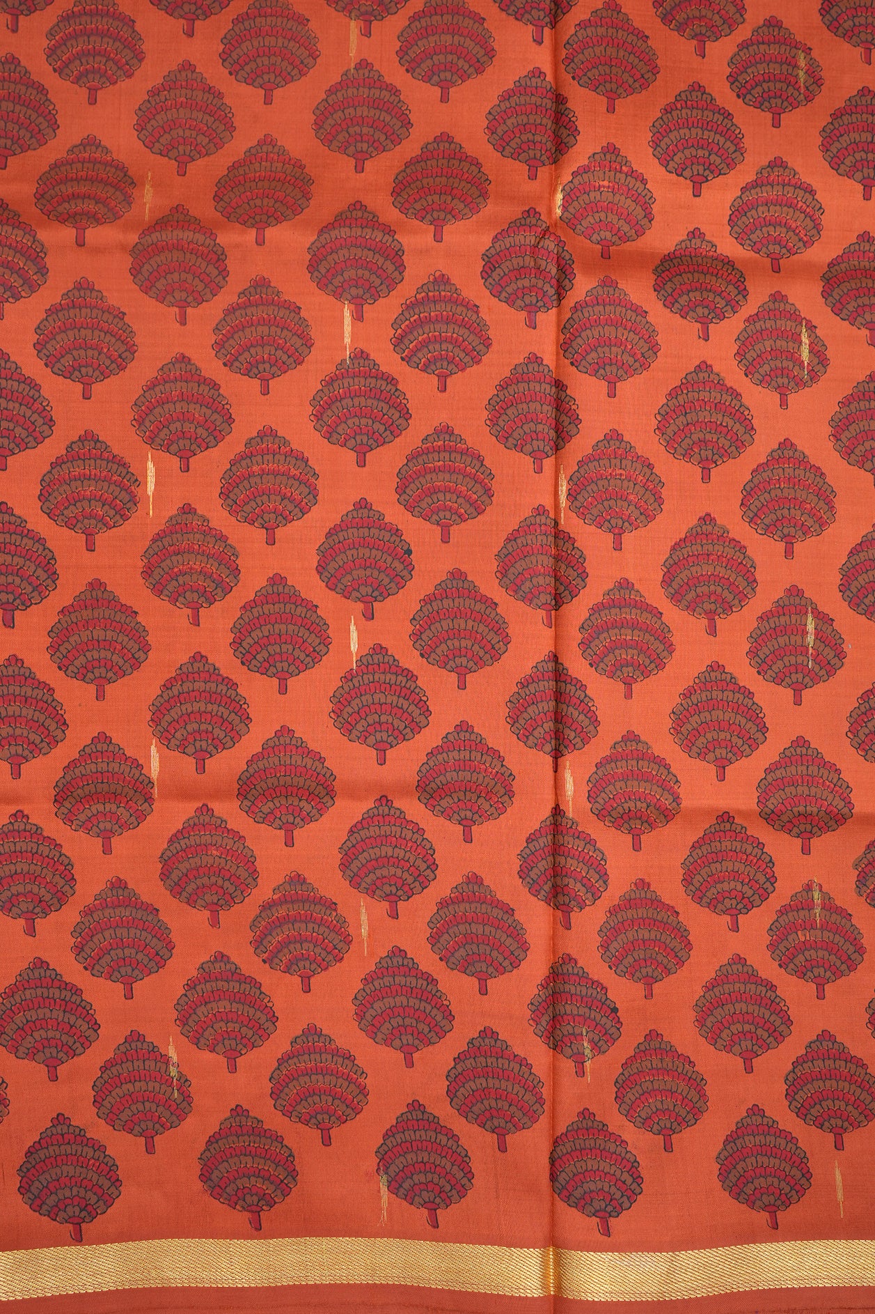 Zari Border With Allover Tree Printed Rust Orange Kanchipuram Silk Saree