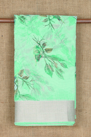 Zari Border With Birds Digital Printed Pastel Green Semi Jute Saree