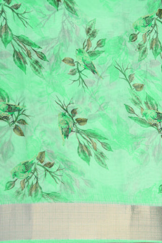 Zari Border With Birds Digital Printed Pastel Green Semi Jute Saree