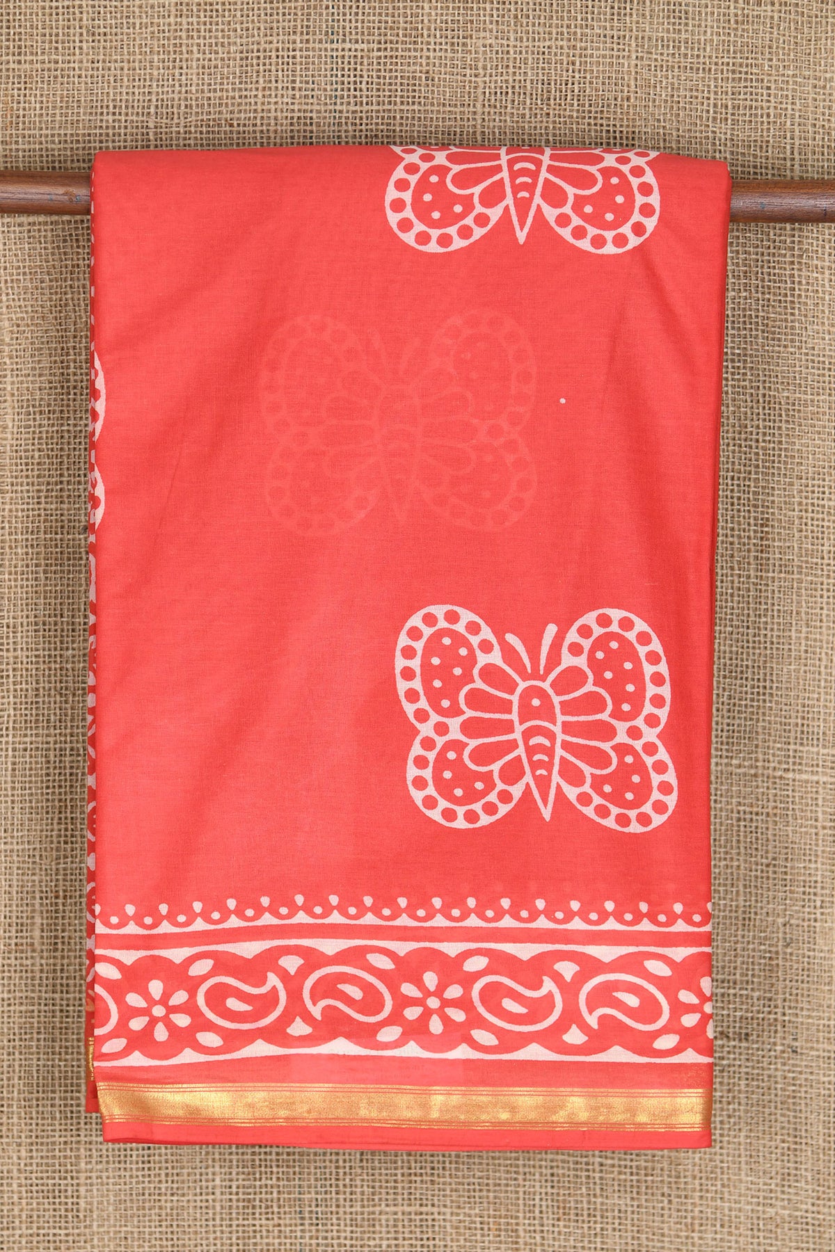 Zari Border With Butterfly Design Coral Orange Printed Ahmedabad Cotton Saree