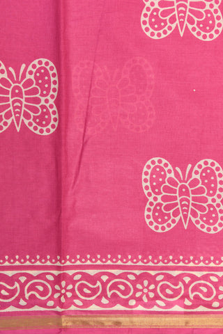 Zari Border With Butterfly Design Hot Pink Printed Ahmedabad Cotton Saree