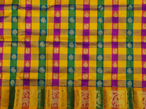 Zari Border With Checks And Buttas Multicolor Kanchipuram Silk Unstitched Pavadai Sattai Material