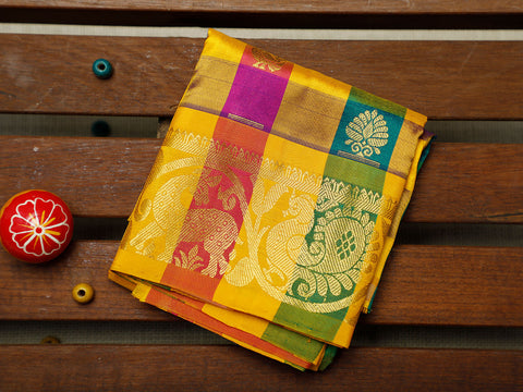 Zari Border With Checks And Buttas Multicolor Kanchipuram Silk Unstitched Pavadai Sattai Material