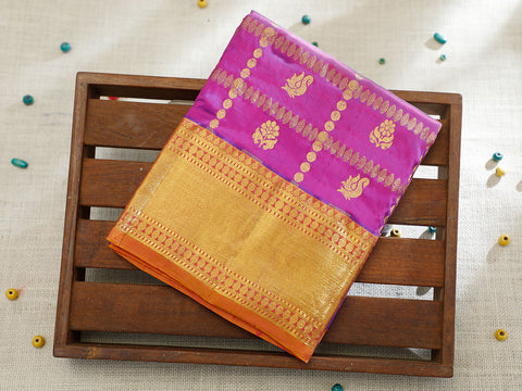 Zari Border With Checks And Buttas Purple Kanchipuram Silk Unstitched Pavadai Sattai Material