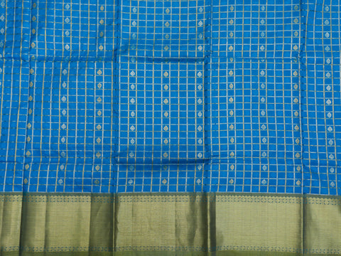 Zari Border With Checks And Buttis Cerulean Blue Kanchipuram Silk Unstitched Pavadai Sattai Material