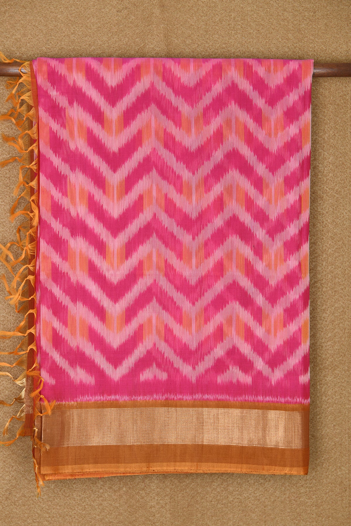 Zari Border With Chevron Design Hot Pink Kora Silk Cotton Saree
