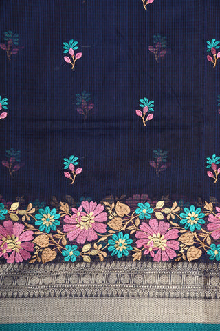 Zari Border With Embroidered Floral Buttis Navy Blue Semi Kota Saree