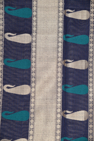 Zari Border With Embroidered Floral Buttis Navy Blue Semi Kota Saree