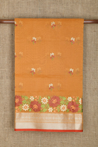 Zari Border With Embroidered Floral Buttis Rust Orange Semi Kota Saree