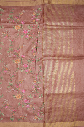 Zari Border With Embroidered Floral Design Brick Brown Tussar Silk Saree