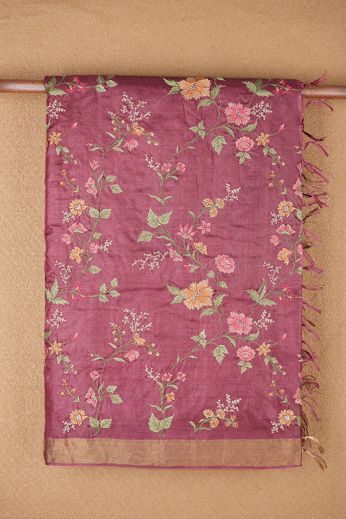 Zari Border With Embroidered Floral Design Mulberry Pink Tussar Silk Saree
