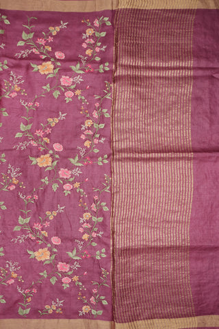 Zari Border With Embroidered Floral Design Mulberry Pink Tussar Silk Saree