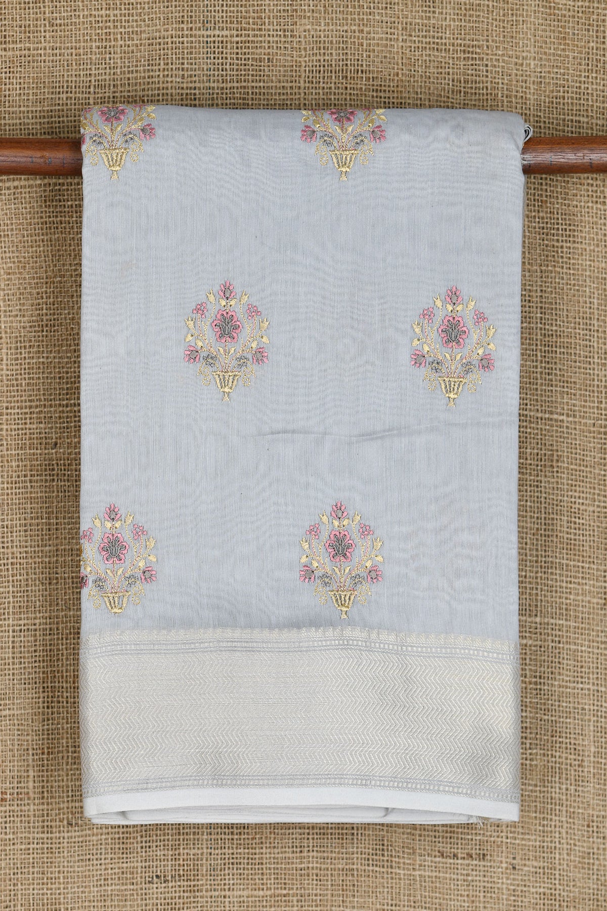 Zari Border With Embroidered Floral Motif Pastel Grey Chanderi Silk Cotton Saree