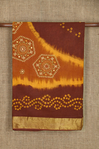 Zari Border With Embroidered Rust Orange Batik Printed Ahmedabad Cotton Saree