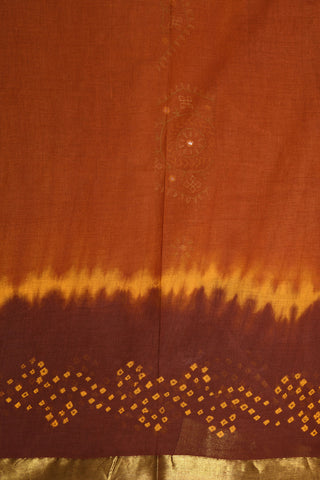 Zari Border With Embroidered Rust Orange Batik Printed Ahmedabad Cotton Saree