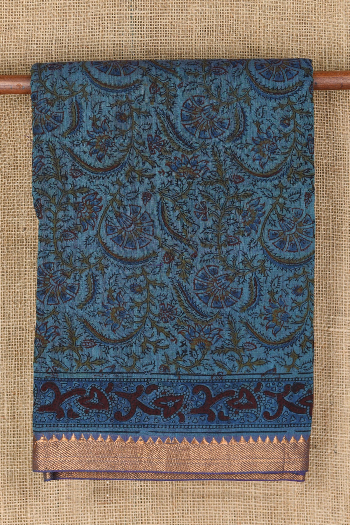 Zari Border With Floral Ajrakh Printed Aegean Blue Mangalagiri Cotton Saree